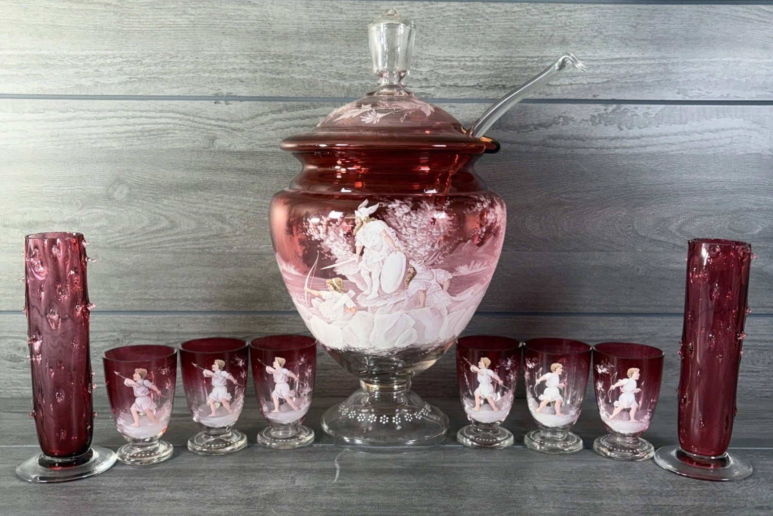 Antique Bohemian Mary Gregory Cranberry Glass Punch Set 16” Hand Enameled