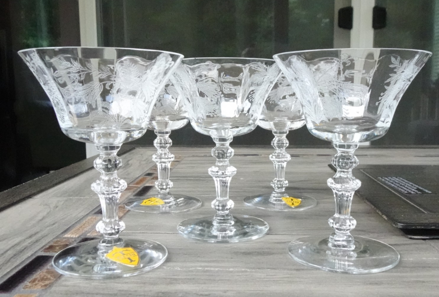 Set of 5 Tiffin USA Etched Glass FUCHSIA Liquor Cocktail Goblets Stemware