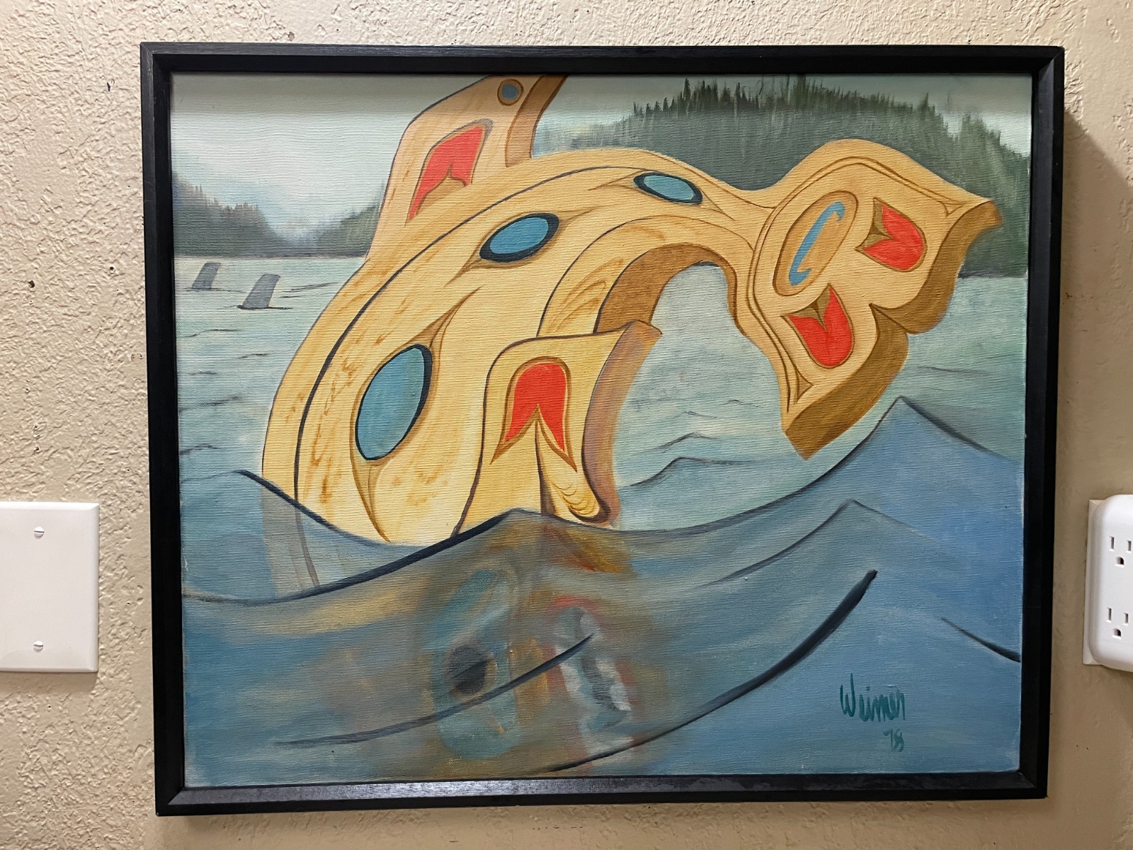 Mid Century Pacific Northwest Original Painting Orca Whale Signed Framed 21X25
