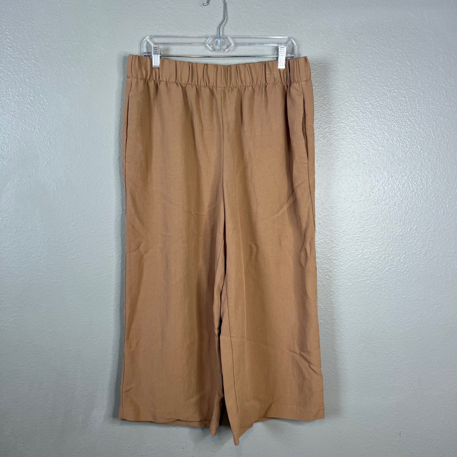 H&M Wide Leg Crop Pants Sz L Culottes Camel Tan Viscose Blend Pull On Flowy NEW