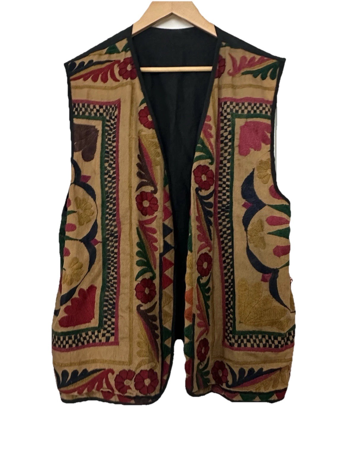 Vintage Embroidered Folk Art Vest Boho India Animal Floral Festival Linen XXL