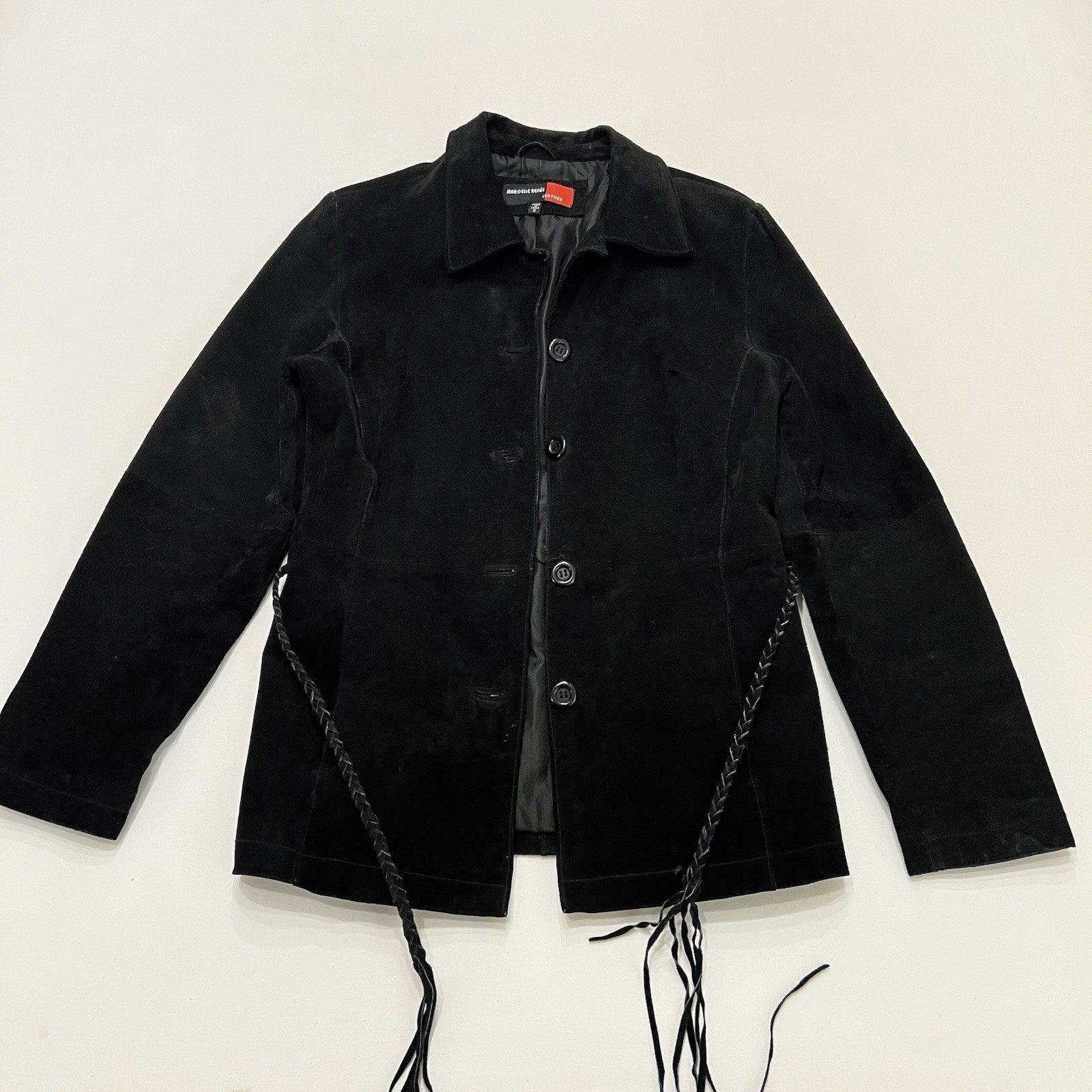 Vintage Marcelle Renee Black Suede Leather Jacket Fringe Belt Sz S Western Chic