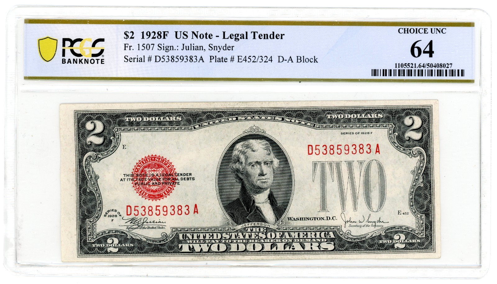 1928 $2 Red Seal Legal Tender PCGS Choice UNC 64 Fr.1507