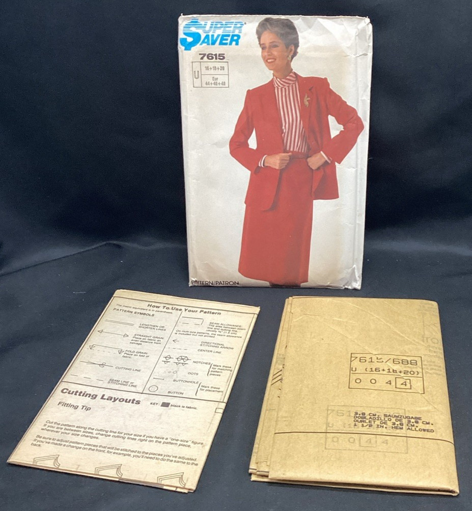 Vtg Sewing Pattern,Simplicity 7615, Skirt Jacket, 16-20, Uncut - ships free