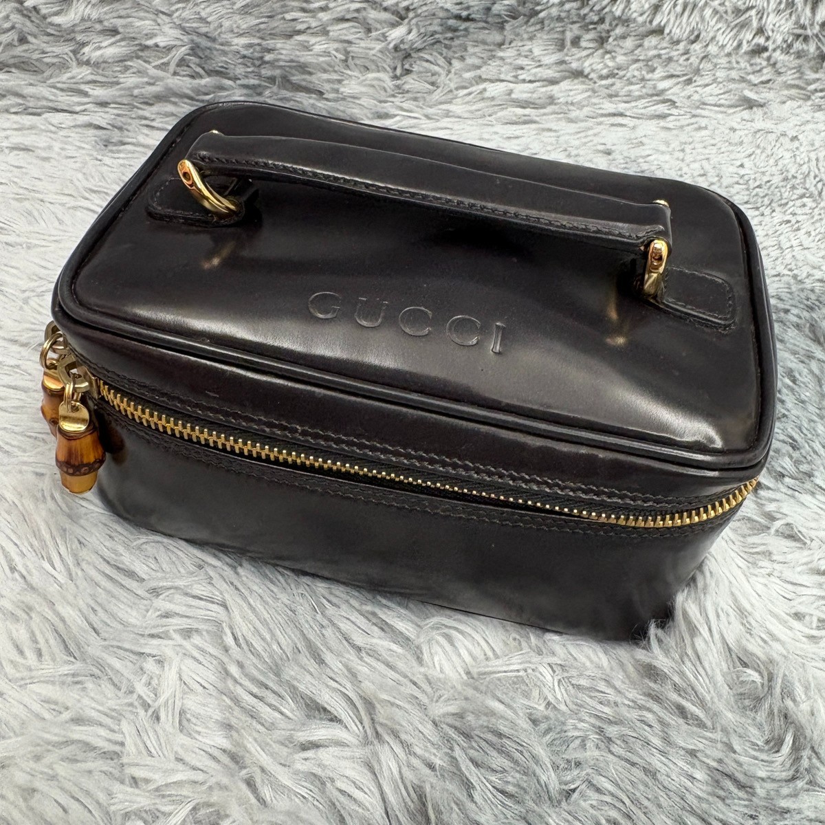 EGA GUCCI Bamboo Patent Leather Vanity Cosmetic Pouch Bag BlueBlack