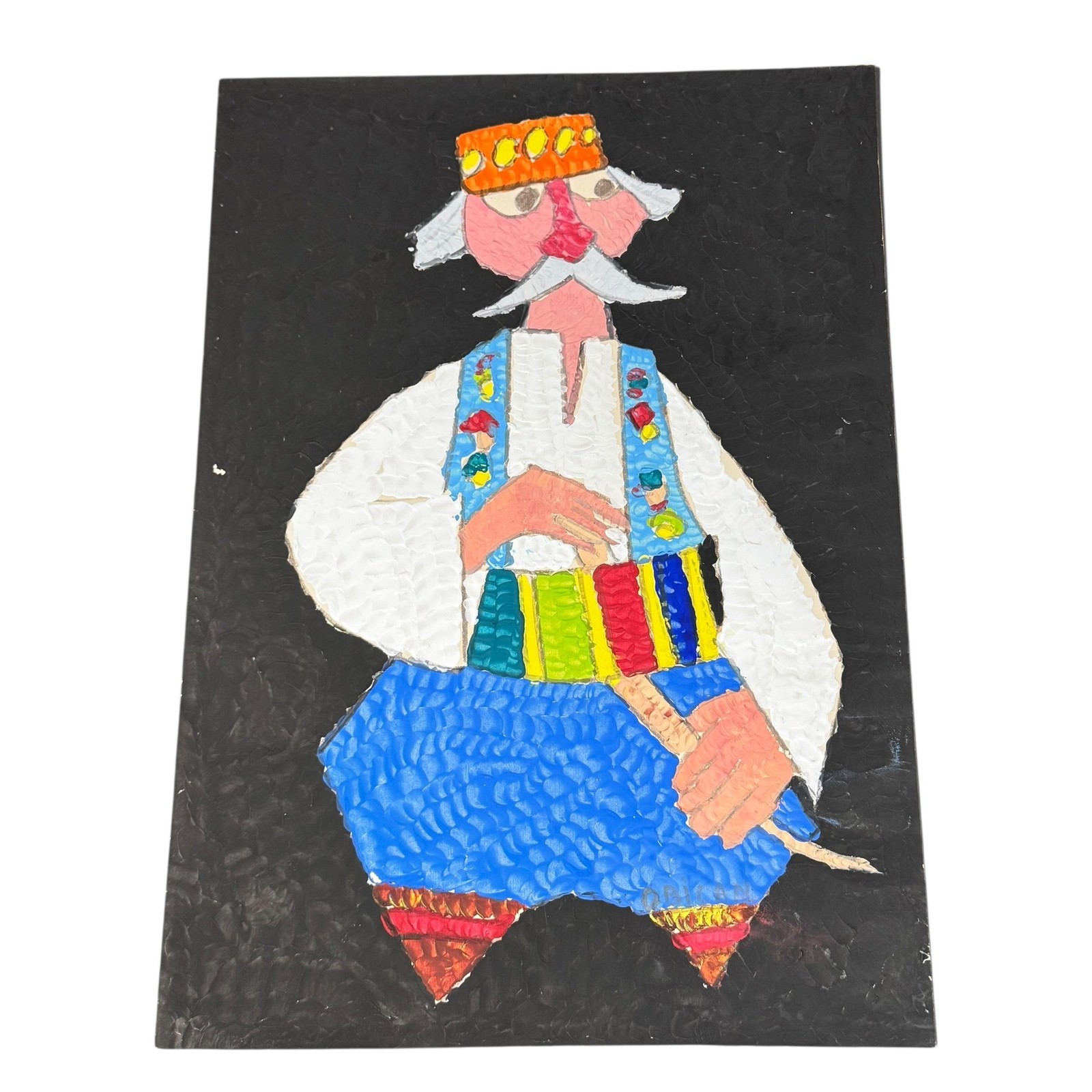 Folk Art Figure Painting Signed Jovan Obican Naive Colorful Man Textured Judaica