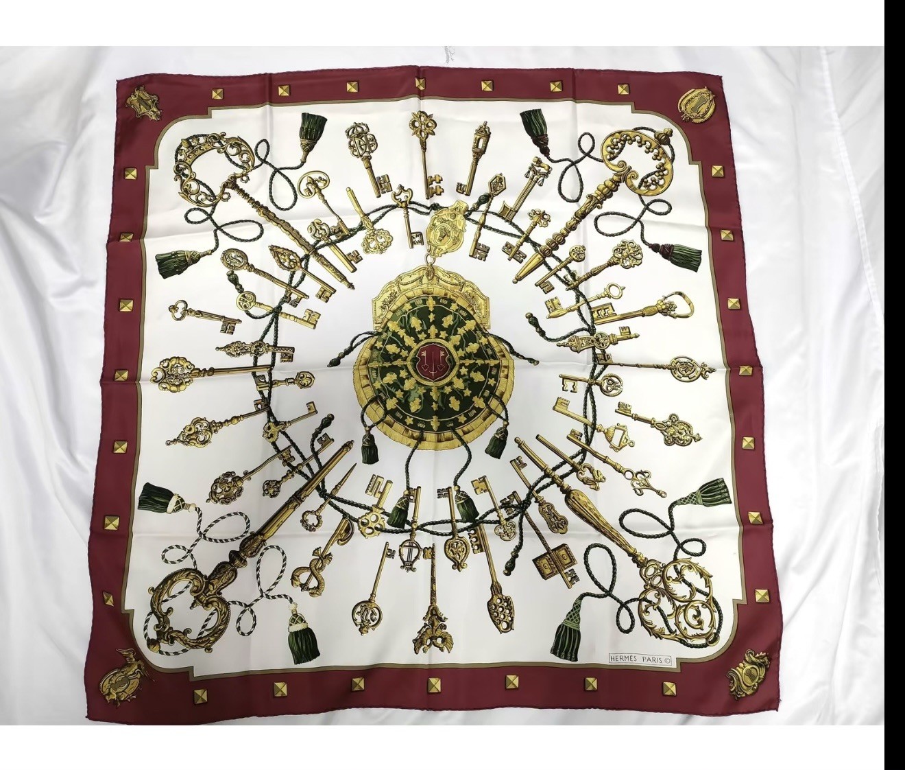 Authentic Hermes Carre 90 Les Cles Burgundy Silk Scarf Made in France