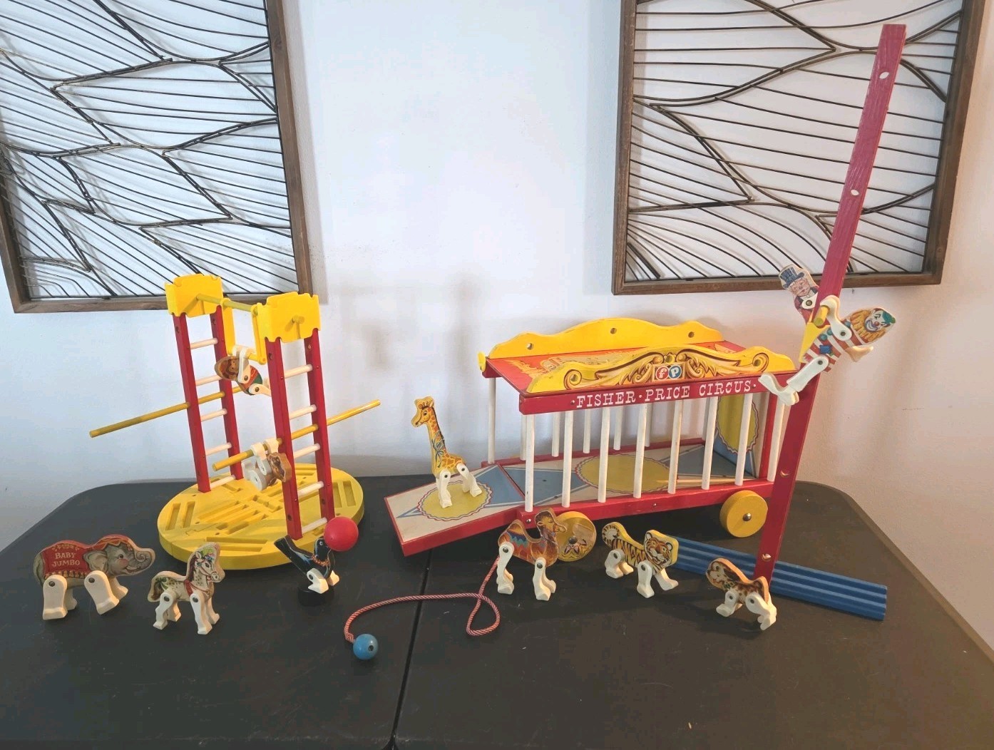 Vintage 1960s  Fisher Price Wooden Circus Wagon Animals Ring Master Trapeze 