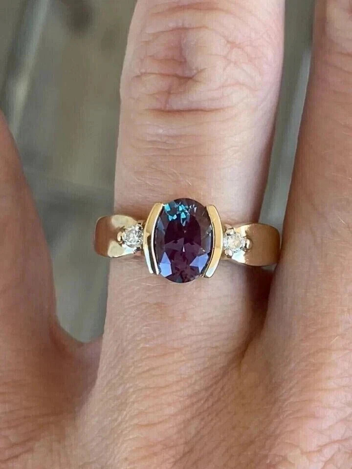 2.25 Ct Oval Cut Natural Alexandrite & Diamond Wedding Ring 14K Yellow Gold Pl