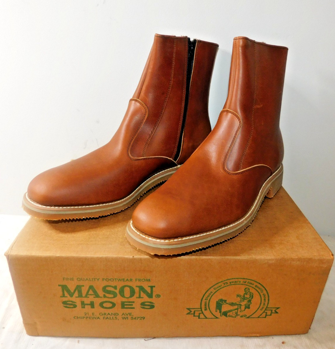 VTG NOS Sz 9 1/2B Mason Shoes Mens Brown Leather Ankle Boot Zip Round Toe, 9/120