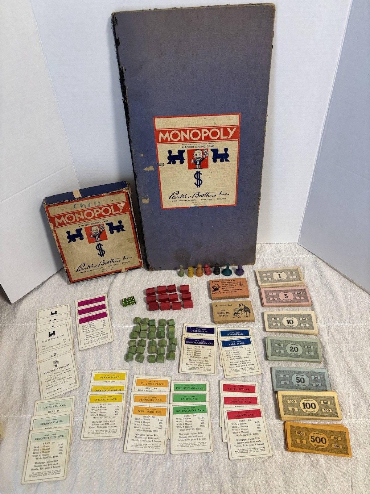 Vintage 1930s Monopoly Parker Brothers Game Wood Pieces Board Deeds Money (READ)