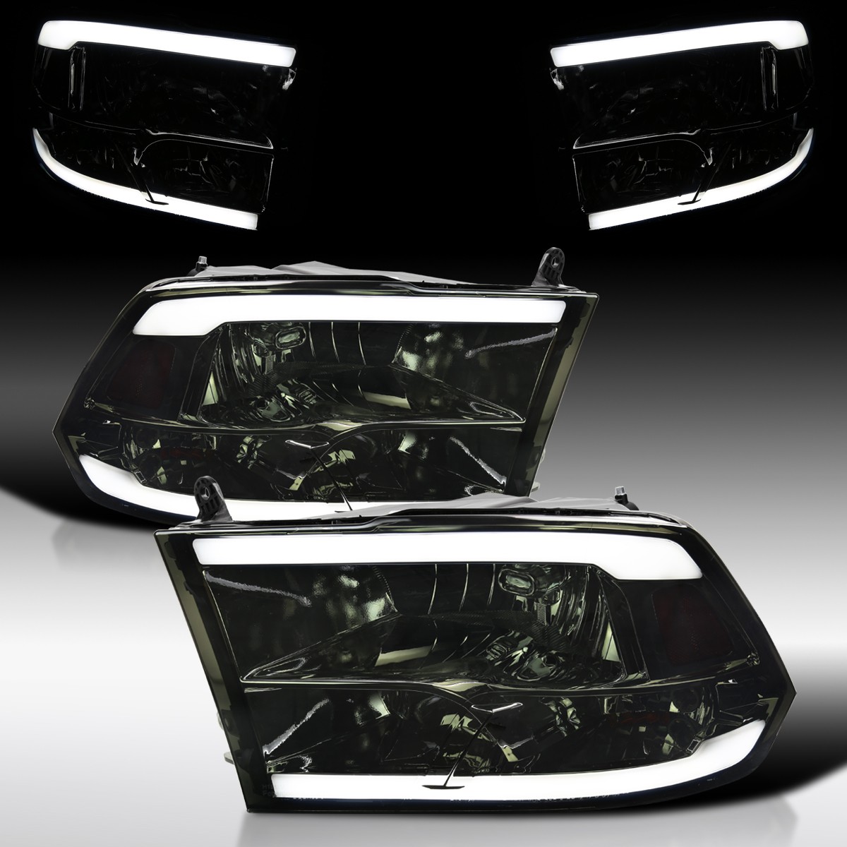 Fit 2009-2018 Dodge Ram 1500 2500 3500 Quad Smoke Headlights LED Tube Headlamps