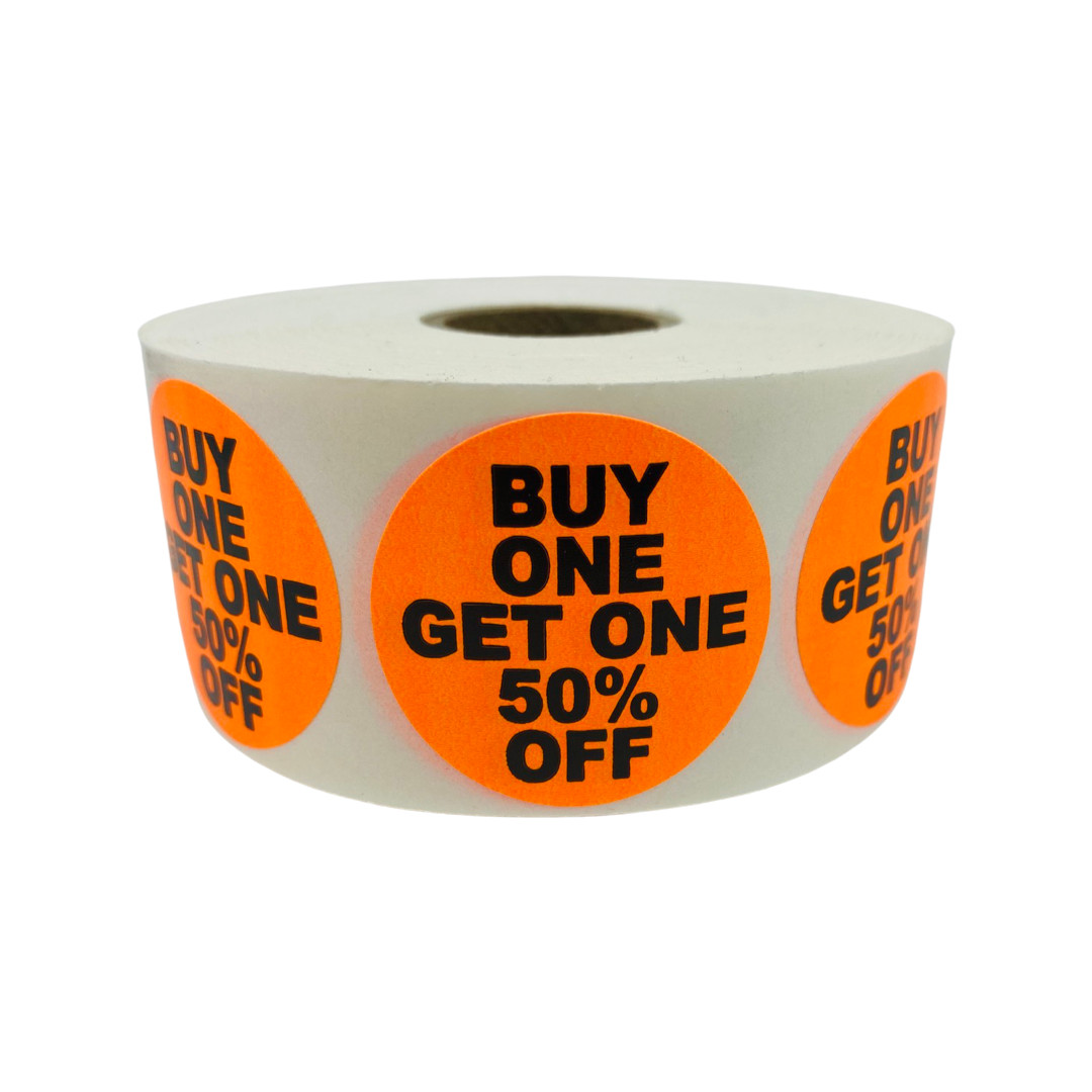 Buy One Get One 50% Off Stickers Orange 1.5-inch Sale BOGO Adhesive 1000 Labels Buy One Get One 50% Off Stickers Orange 1.5-inch Sale BOGO Adhesive 1000 Labels