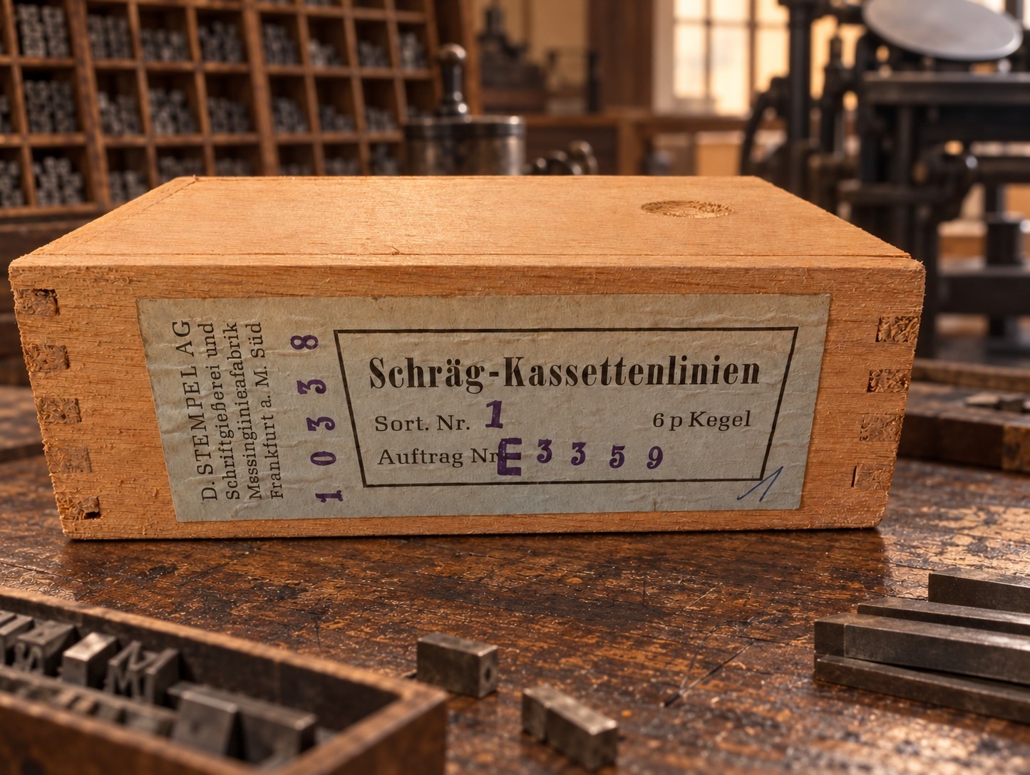 Antique D. Stempel Sort Nr. 1 Complete Brass Letterpress Rule Set w/ Box.