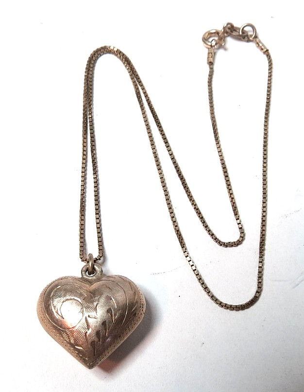 VTG 925 STERLING SILVER INGRAVED HEART NECKLACE CHAIN 14\