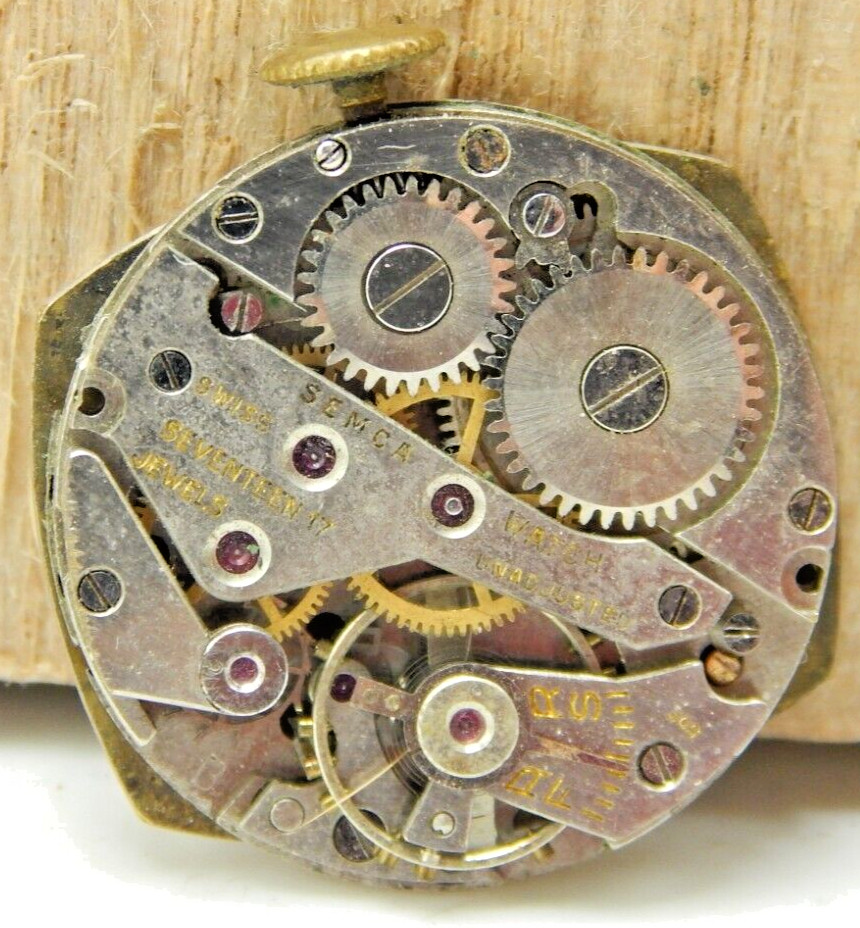 Vintage Semca 17 jewel men\'s wrist watch movement with dial hands and crown Vintage Semca 17 jewel men\'s wrist watch movement with dial hands and crown