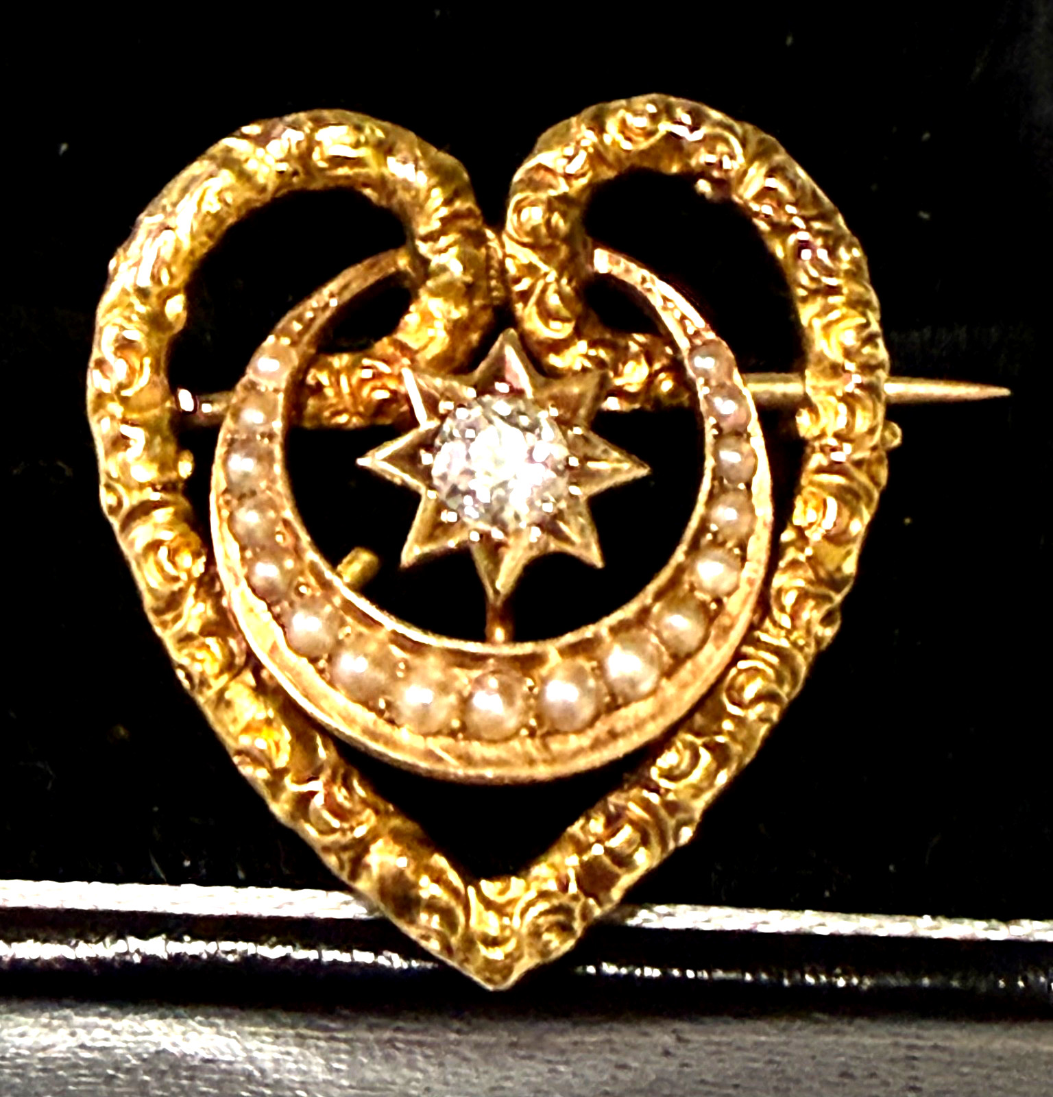 Gorgeous Antique 14K Gold Celestial & Sentimental Heart Moon & Star Pin, FAB