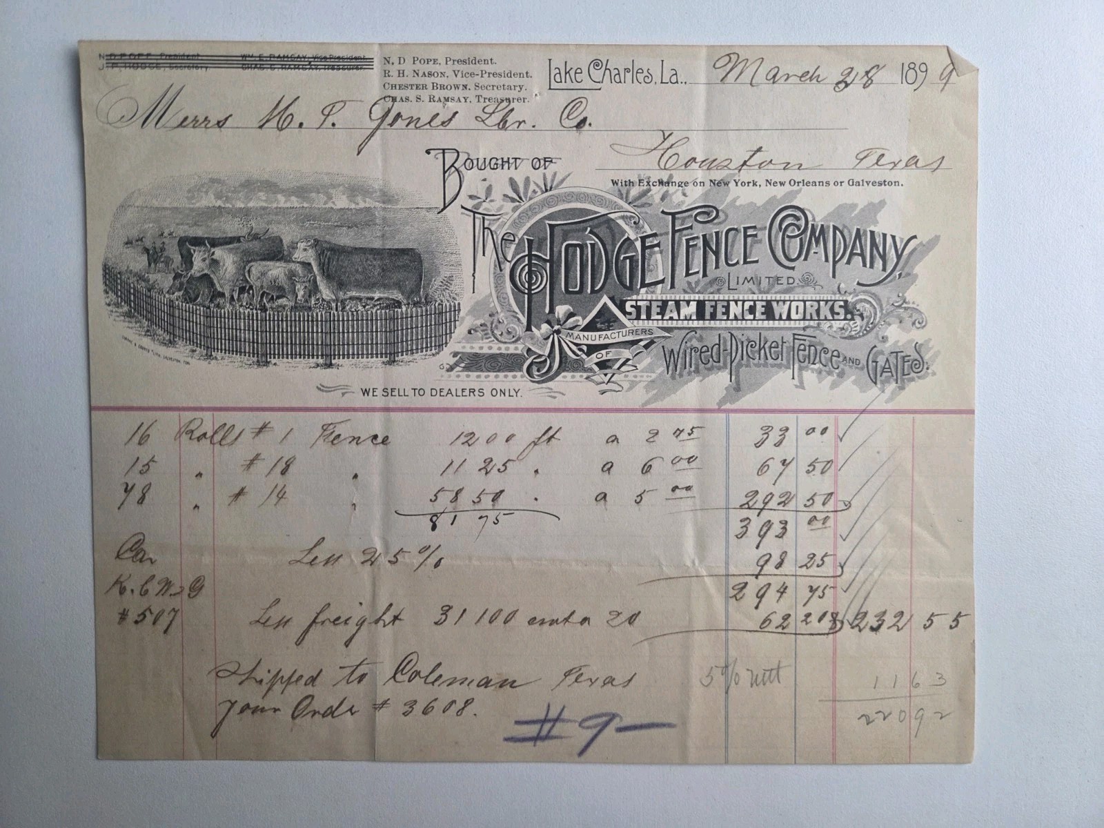 1894 Hodge Fence Co. Lake Charles Louisiana Cattle Illustrated Billhead Texas