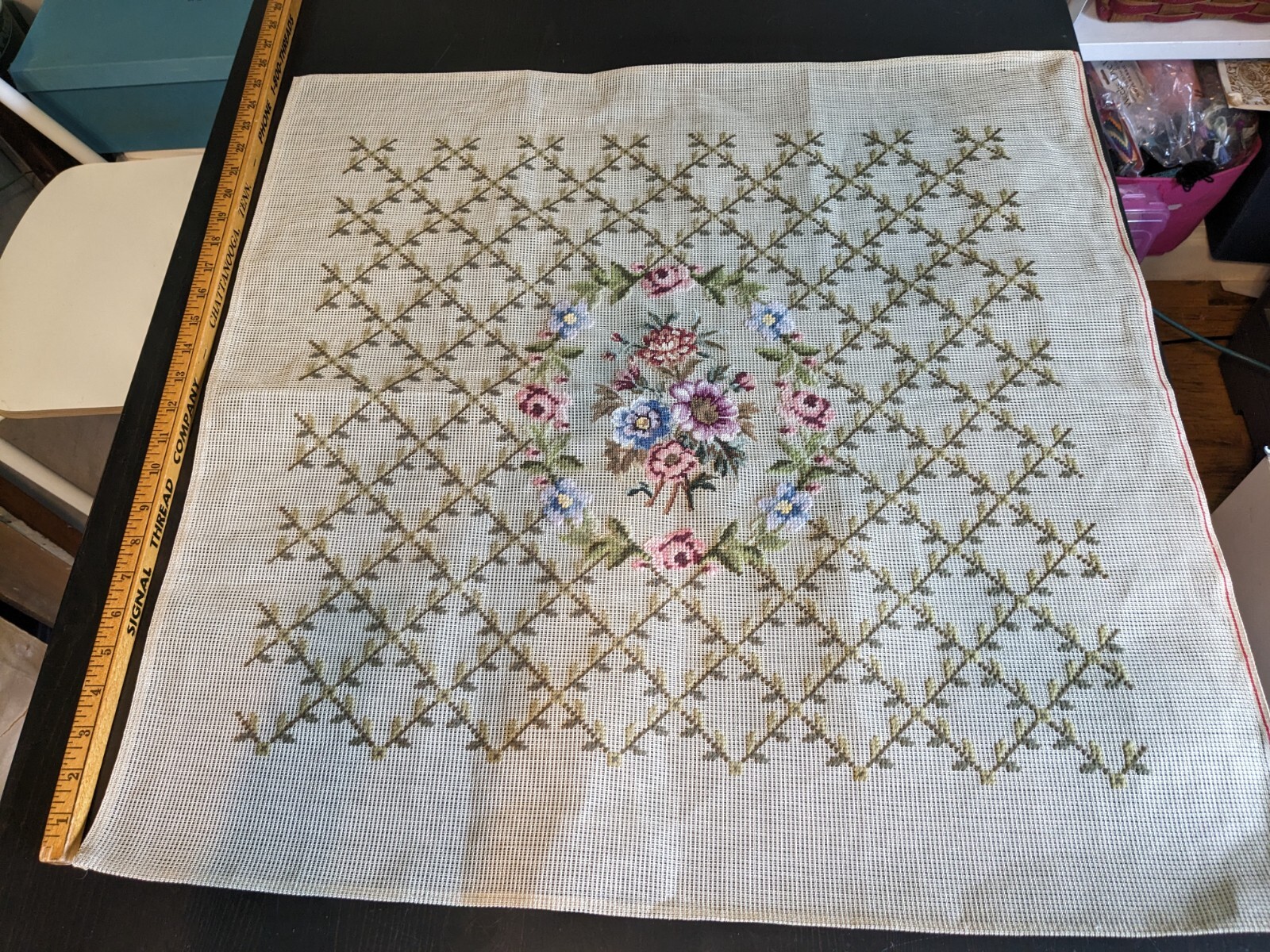 Rare pre-worked needlepoint Petitpoint canvas 27x27 floral geometric pattern NEW Rare pre-worked needlepoint Petitpoint canvas 27x27 floral geometric pattern NEW