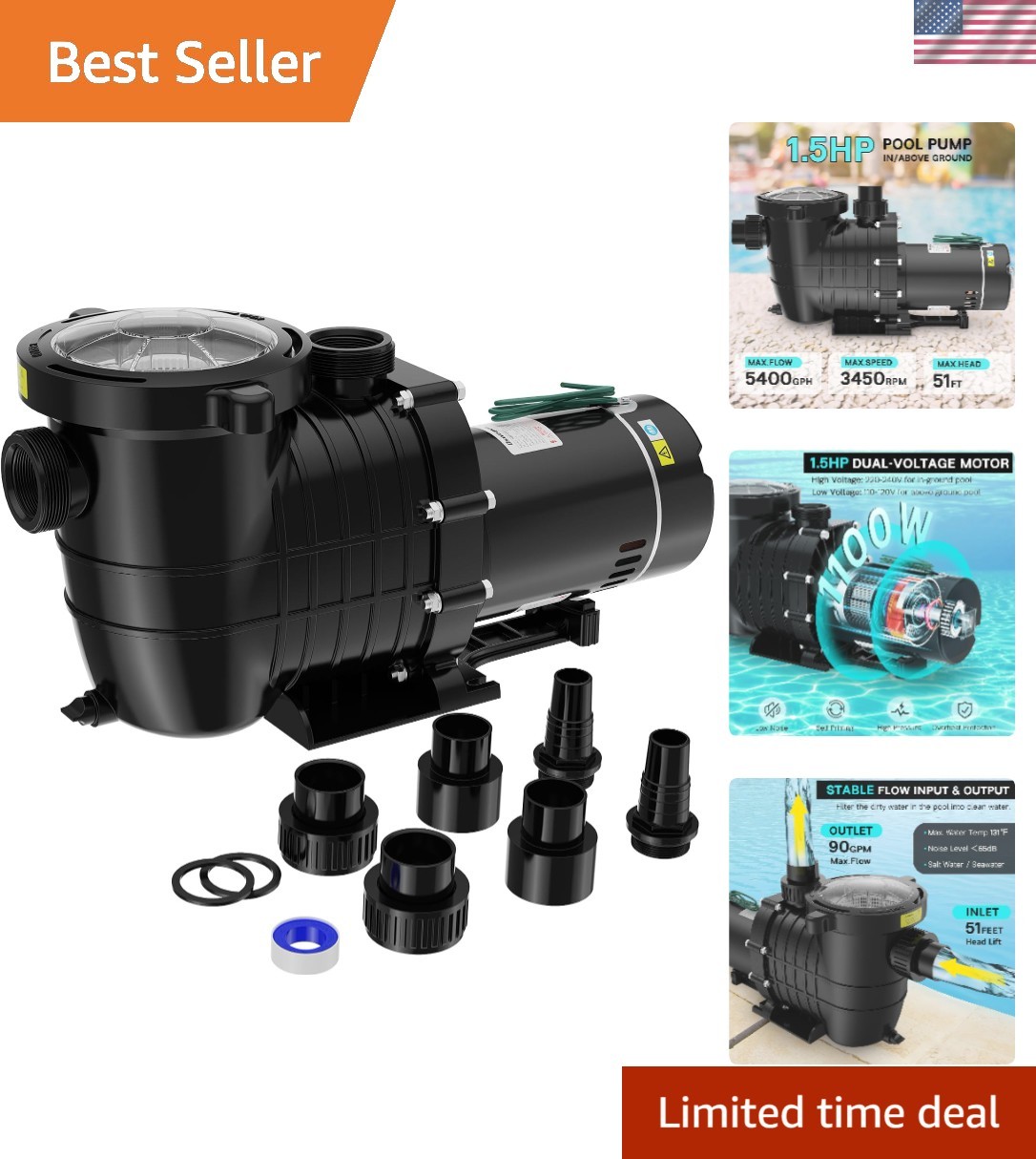 1.5HP Above/In Ground Pool Pump, 115V/230V 6600GPH Self Priming