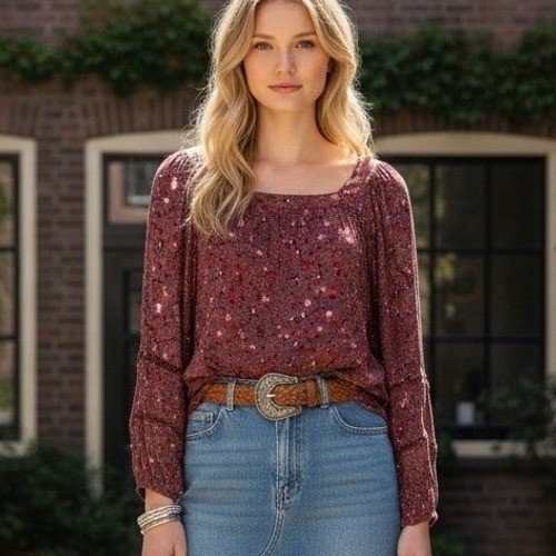 Knox Rose Burgundy Ditsy Floral Square Neck Boho Blouse Cottagecore Prairie S