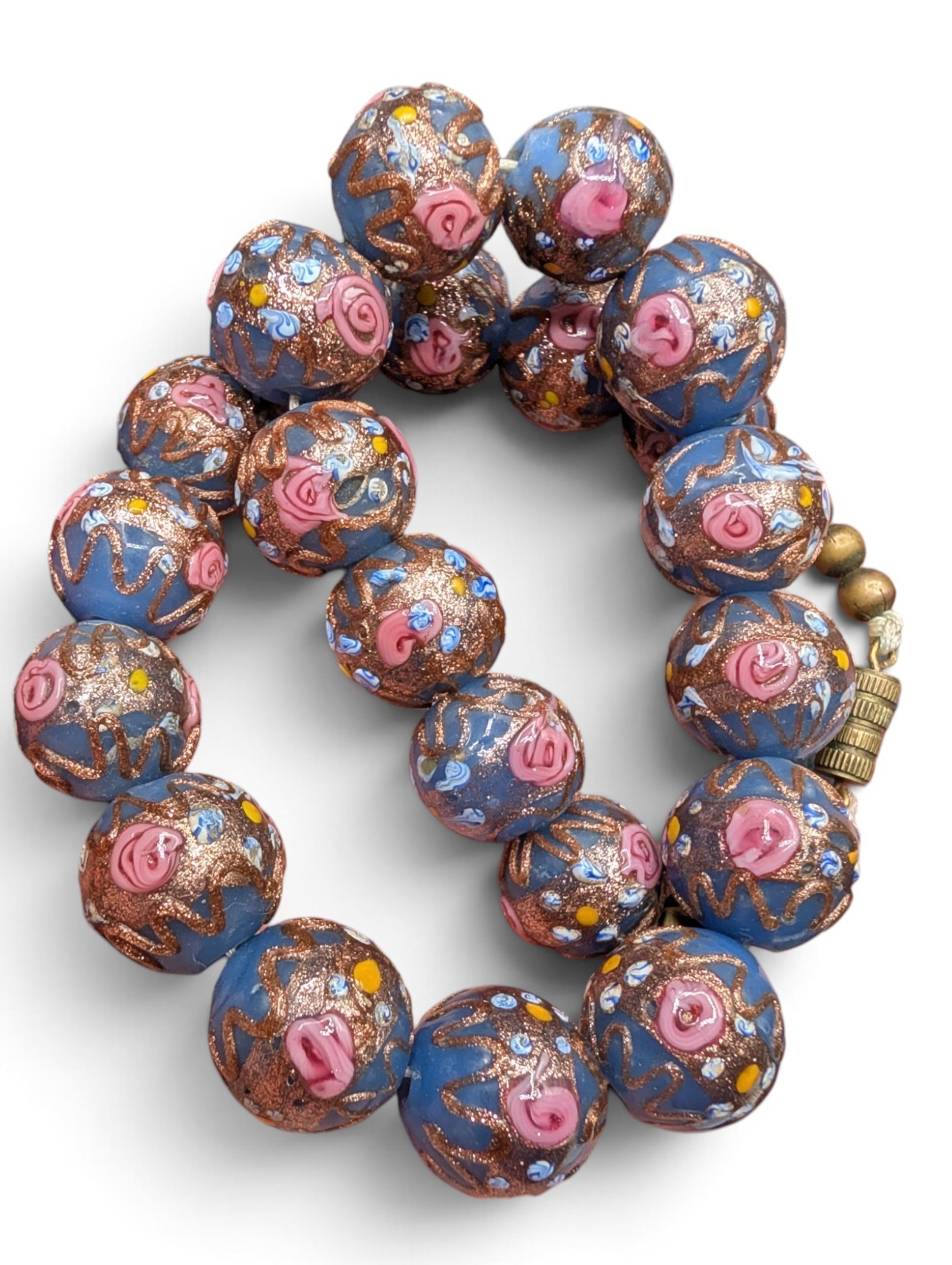 Vtg Venetian Wedding Cake Blue Pink Copper Glass Round Beaded Necklace 15