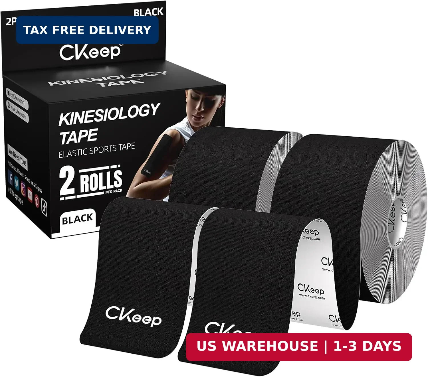 CKeep Kinesiology Tape, Uncut Premium Elastic Athletic Tape 2 Rolls, Black | Ori CKeep Kinesiology Tape, Uncut Premium Elastic Athletic Tape 2 Rolls, Black | Ori