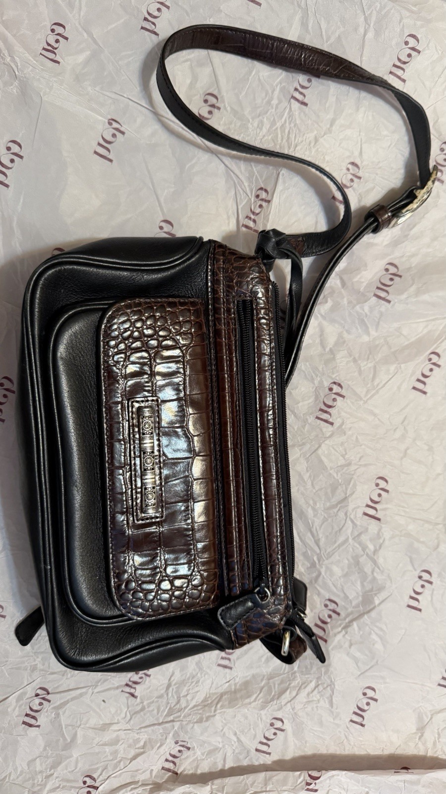 Brighton Black Leather Croc Embossed Crossbody Organizer Shoulder Bag Hardware