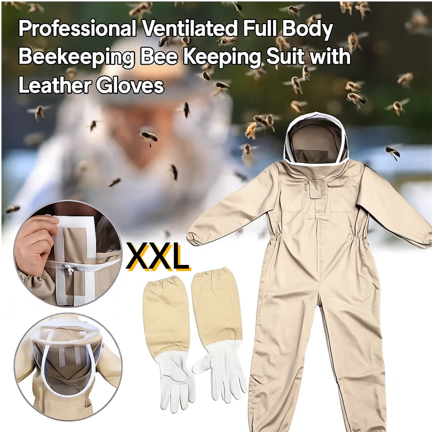 XXL Unisex Professional Cotton Full Body Beekeeping Bee Keeping Suit Veil-Hood