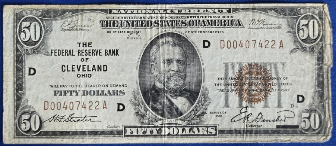 U.S. (Cleveland, OH)  Series of 1929 $50.00 National Banknote 2-Zero & Six-Digit
