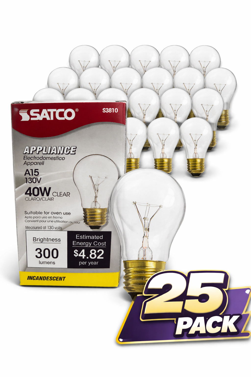 Satco S3810 A15 40W Appliance Bulb Clear 130V Oven 25 Pack