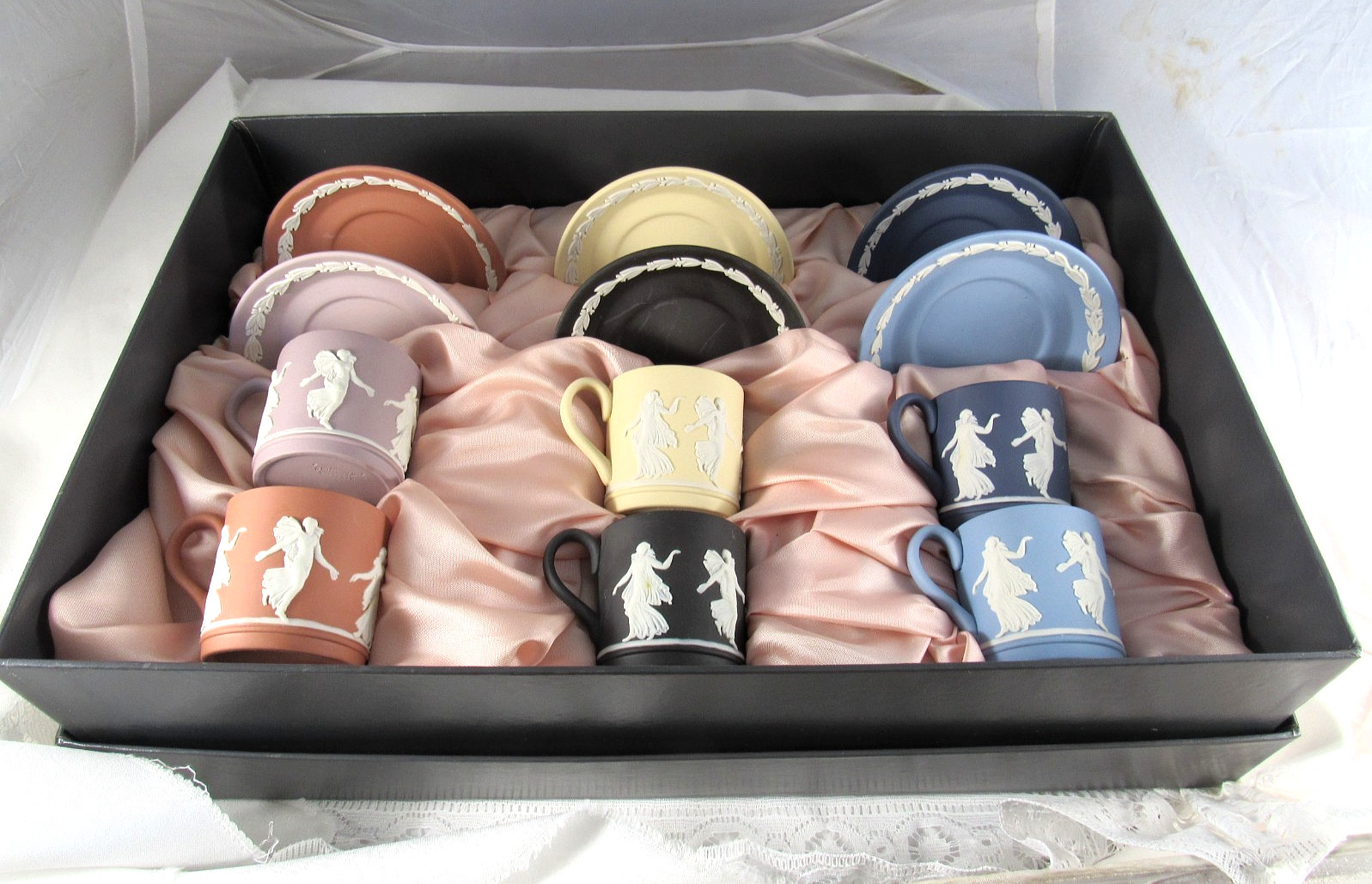 Wedgwood Jasperware Dancing Hours Six Demitasse Cups / Saucers