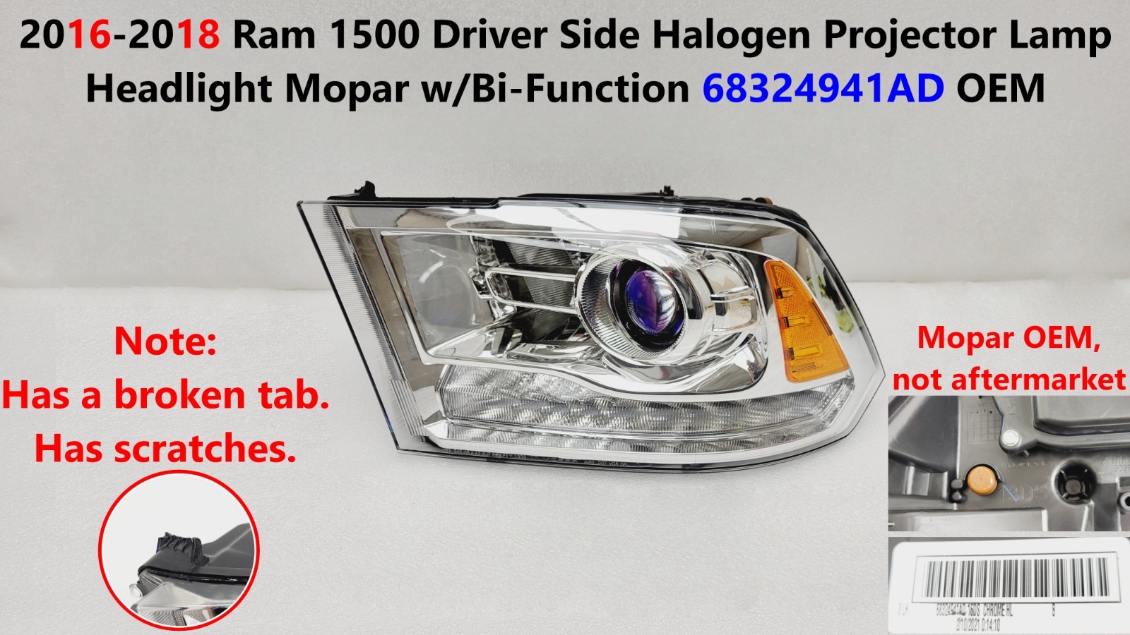 16 -18 Ram 1500 Driver Side Halogen Projector Lamp Headlight Mopar w/Bi-Function