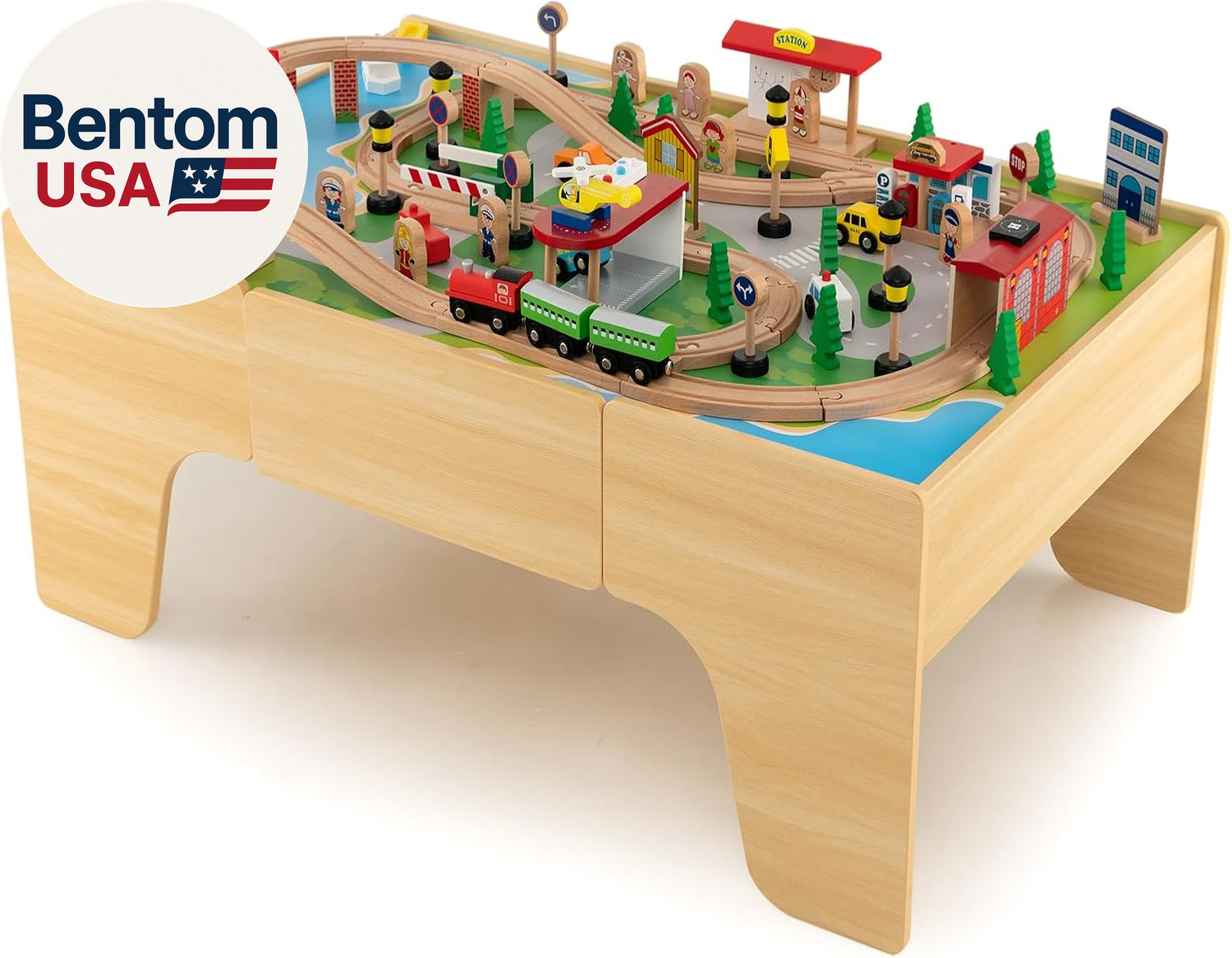 84 Piece Wooden Train Table Set with Tracks Vehicles Bridge Storage Toddler