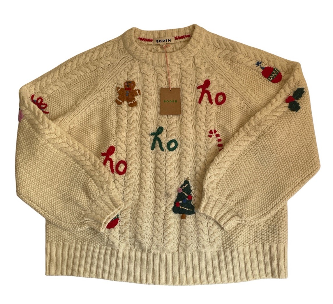 Boden Women Rare Christmas Sweater Size M Aran Hand Embellished Decorations NWT