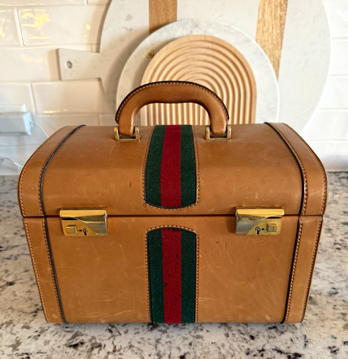 Gucci Vintage 1970s Web Pigskin Leather Vanity Train Case Beauty Trunk Key locks
