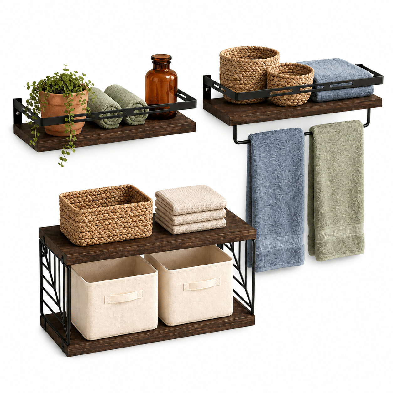 Rustic 3-Piece Floating Wall Shelves with Towel Bar and Guardrails