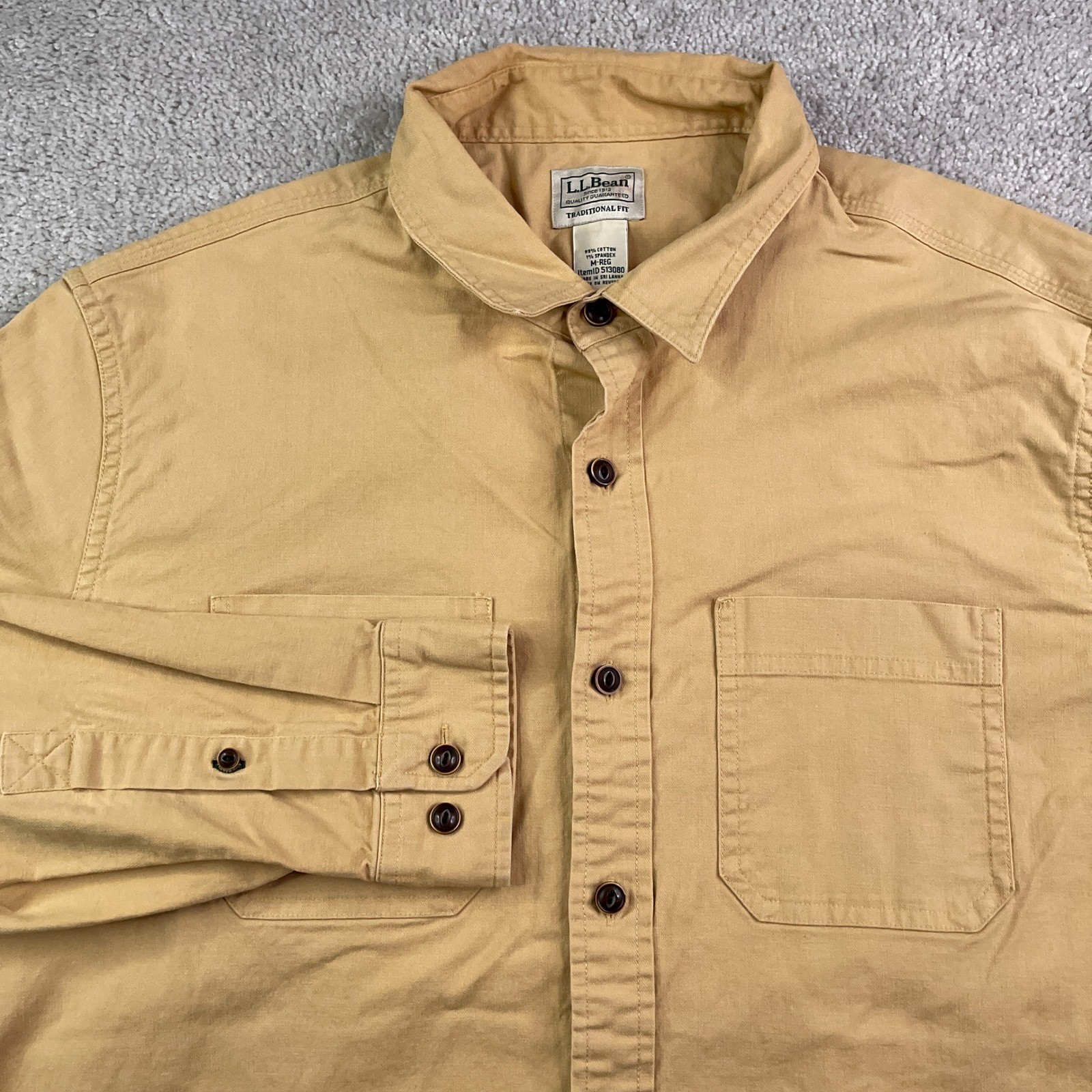 LL Bean Shirt Mens Medium Tan BeanFlex Twill Traditional Untucked Fit Workwear
