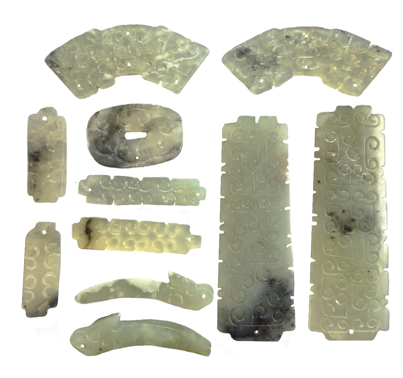 Collection of Eleven Fengshui Chinese Carved Jade Pendants, Windchime Collection of Eleven Fengshui Chinese Carved Jade Pendants, Windchime