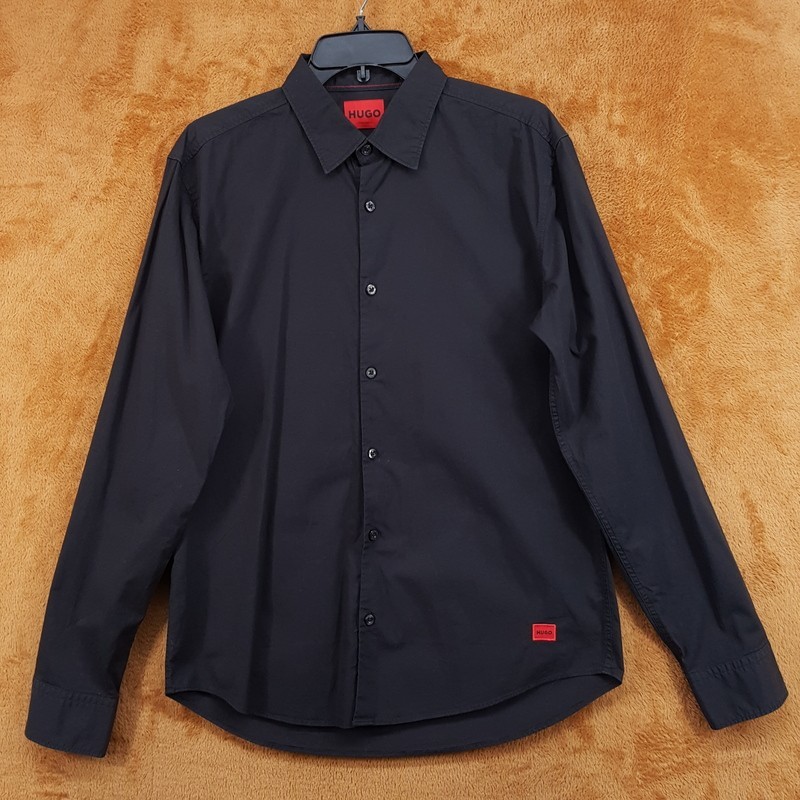 HUGO BOSS Shirt Mens Medium Solid Black Casual Slim Fit Stretch ERMO