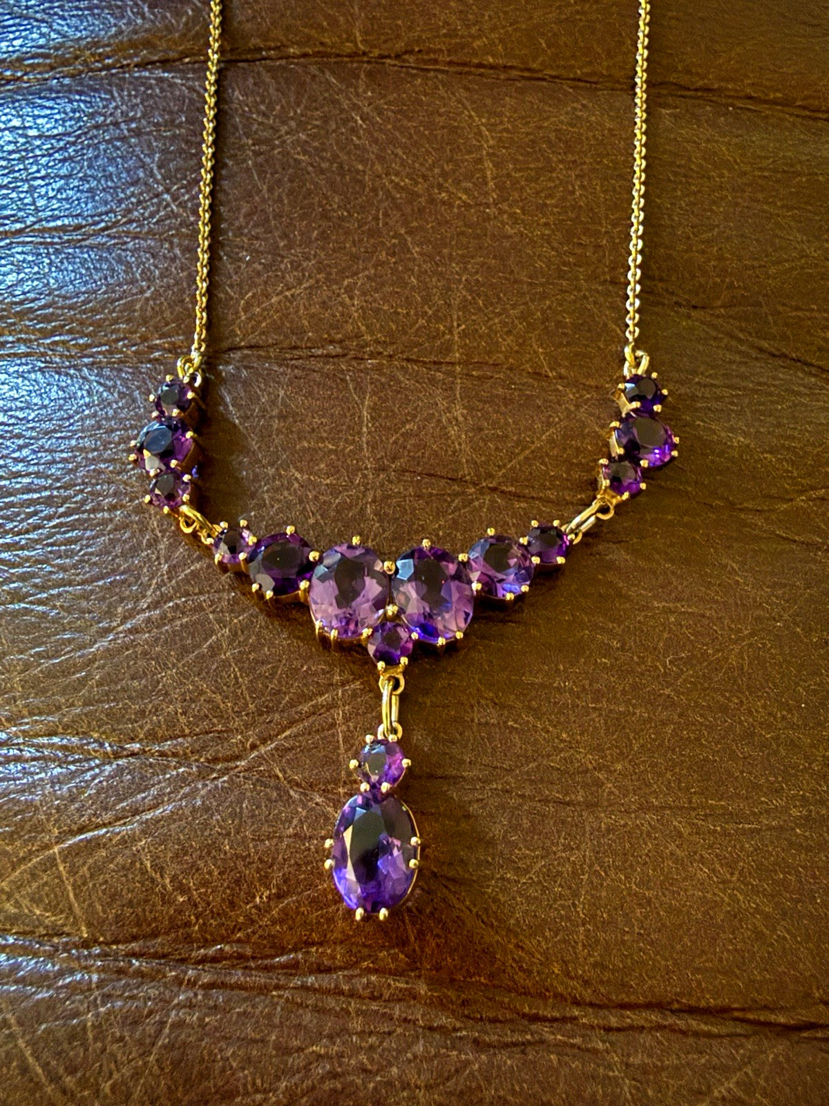 Antique Edwardian 10K Gold Amethyst Festoon Drop Necklace Germany c1910 6.71g Antique Edwardian 10K Gold Amethyst Festoon Drop Necklace Germany c1910 6.71g
