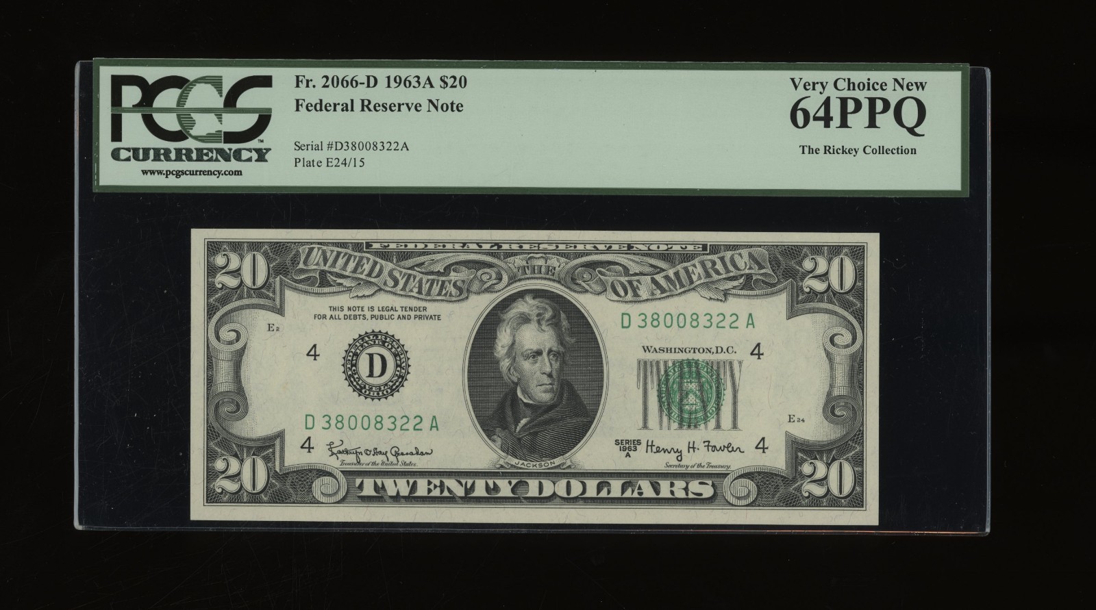 DBR 1963-A $20 FRN Cleveland Fr. 2066-D PCGS 64 PPQ Serial D38008322A