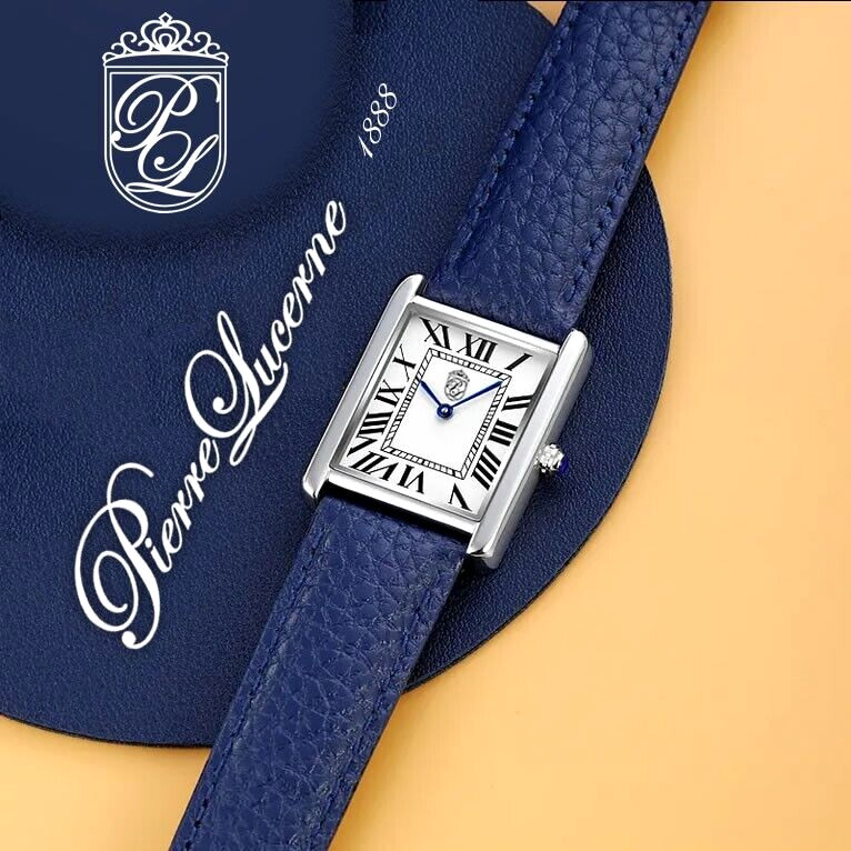 Pierre Lucerne 1888 Tank Swiss Inspired Design Classic Mens Watch Blue Band
