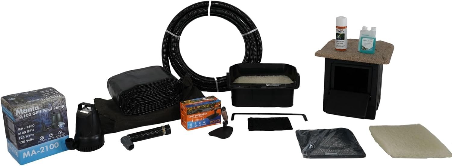 Simply Ponds 2,100 GPH Submersible Pump Pond Kit W/ 10\' x 10\' PVC Plastic Pond