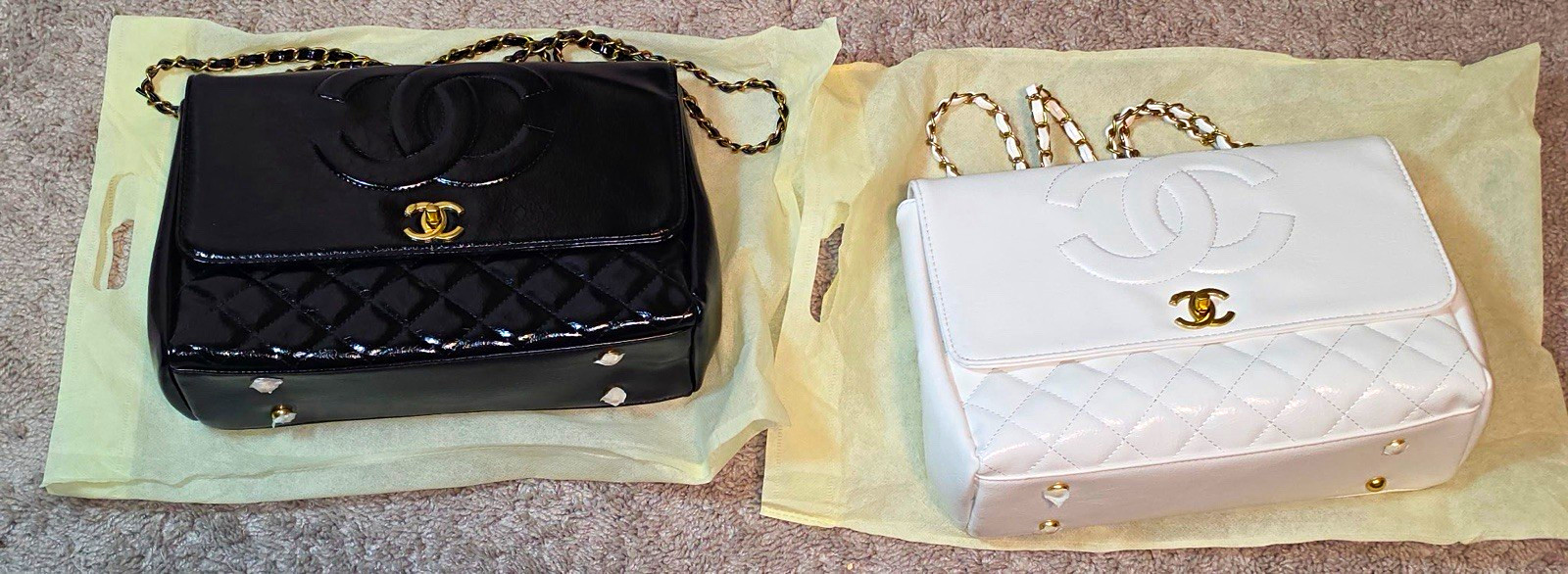 CHANEL Medium Black/White Quilted Flap Shoulder Bag Gold Chain Turn Lock