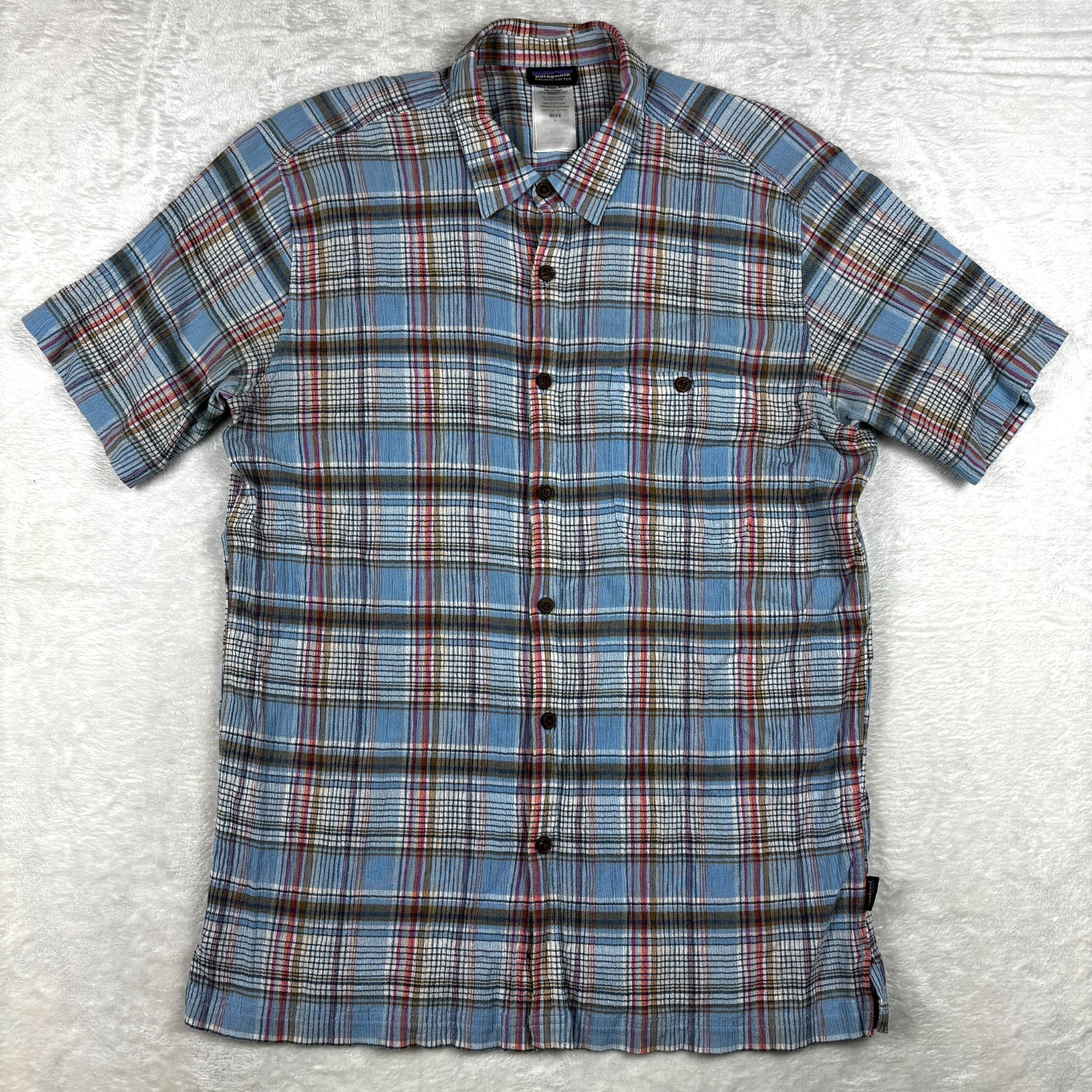 Patagonia A/C Shirt Mens L Plaid Short Sleeve Button Crinkle Seersucker Hiking