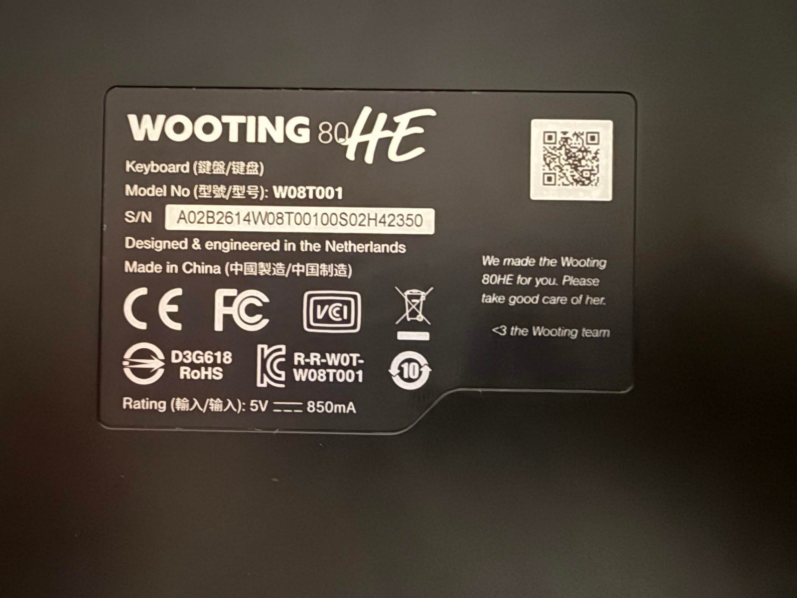 Wooting 80HE Keyboard (W08T001) Gently used