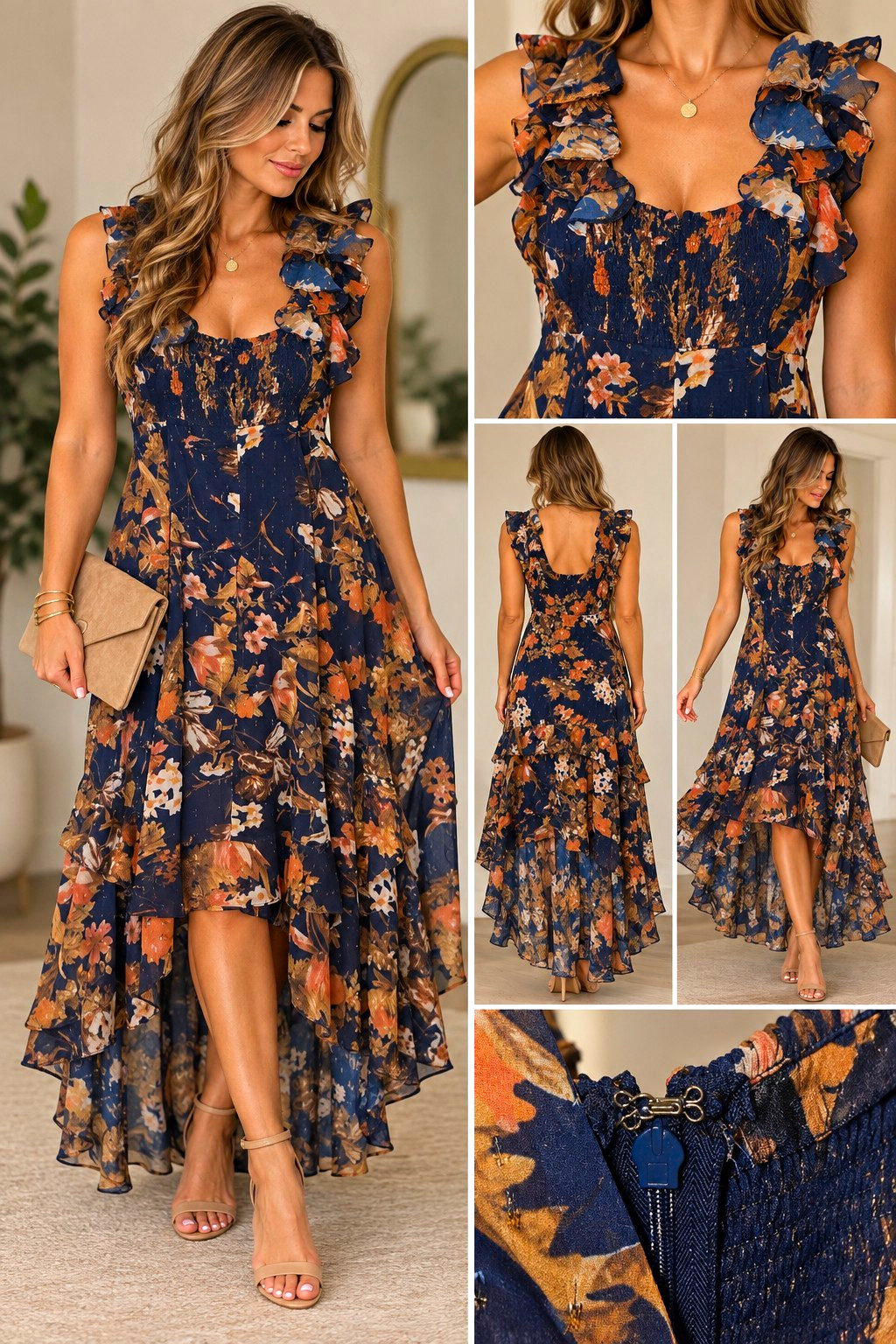 Lulus Blue Floral Square Neck Strappy Ruffle Smocked Hi-Low Maxi Dress S Lulus Blue Floral Square Neck Strappy Ruffle Smocked Hi-Low Maxi Dress S