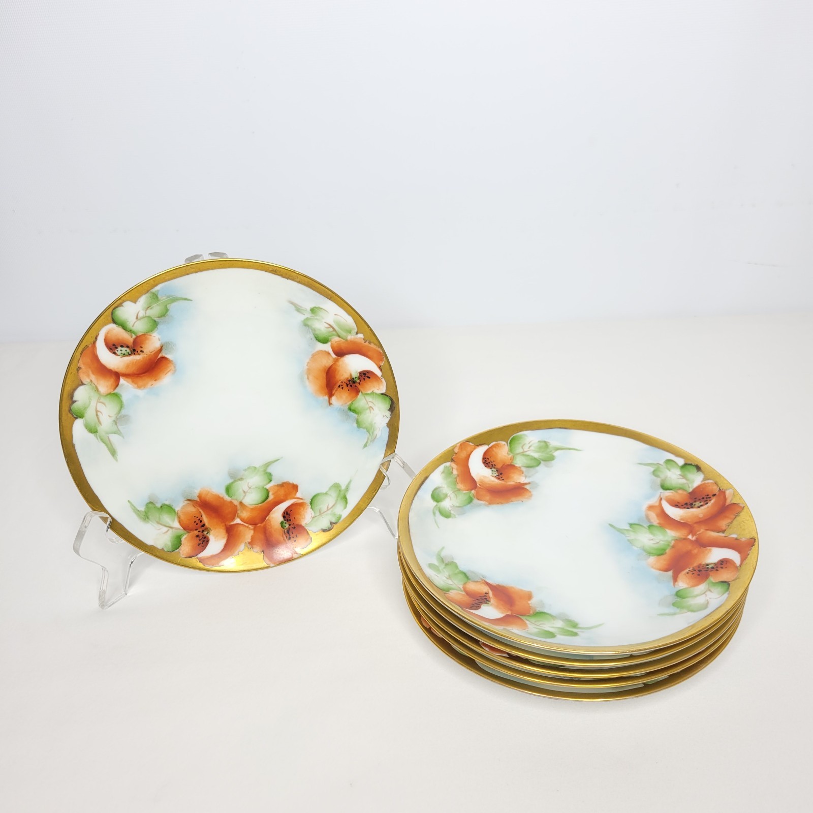 Set of 6 Antique Gotham Austria Hand Painted Poppies Bread Dessert Plates