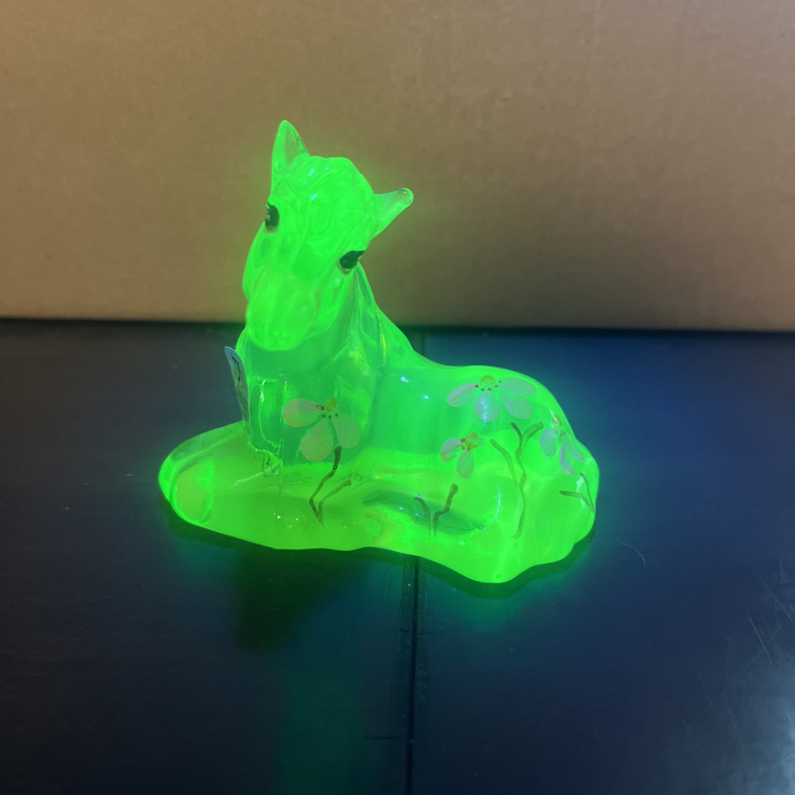 Fenton Glass Lime Green Horse Hand Painted Flowers UV Reactive